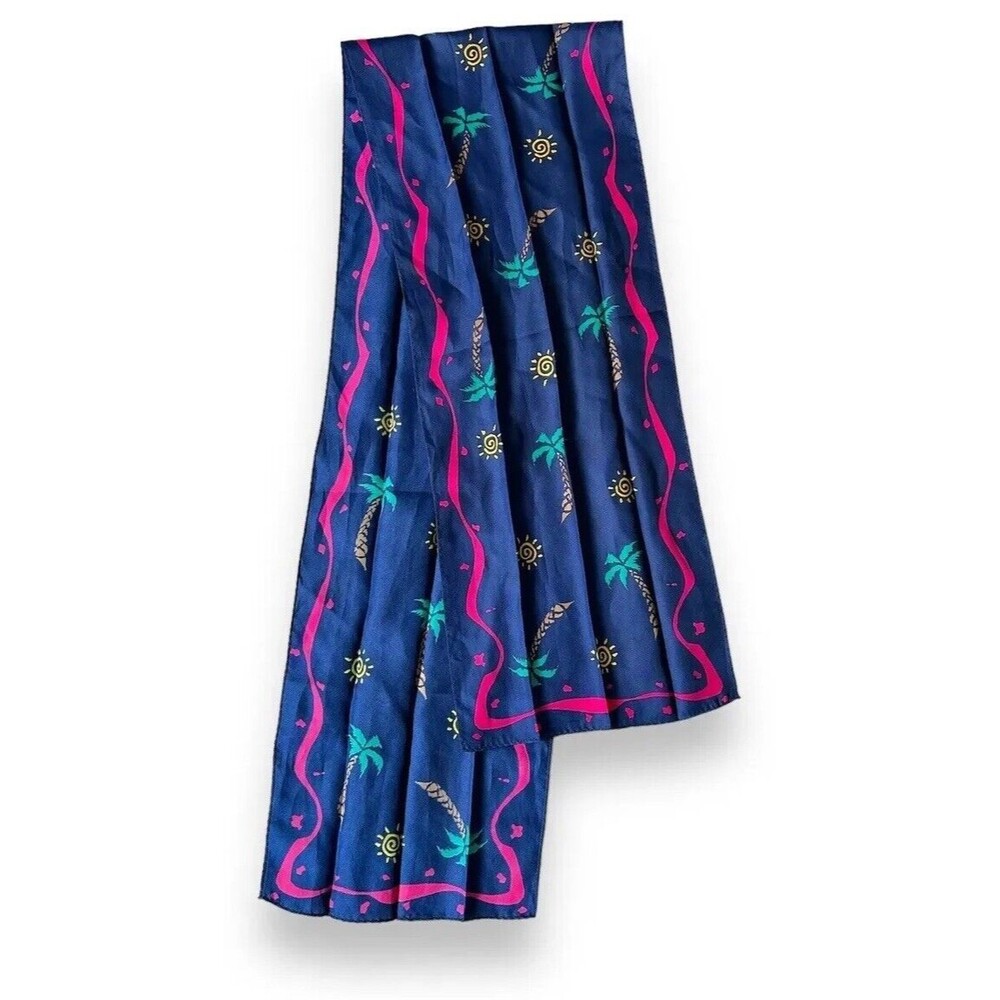 Palm Trees Blue Long Rectangular Scarf Swirl 46.4” X 10.2” Pink Sun